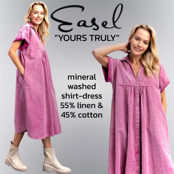 EASEL “Yours Truly” Mineral Washed Linen & Cotton Button Front Long Shirt Dress - Picture 1 of 16